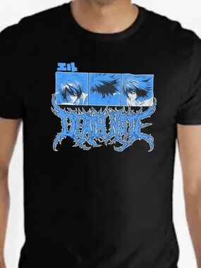 🖤 Death Note Black Anime Graphic Tee Shirt Blue Panels Logo Size Small
